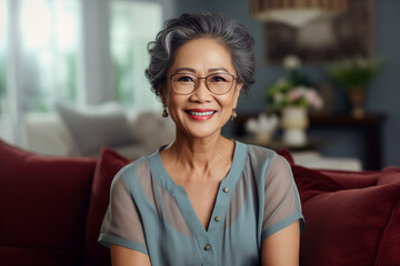 Poster - .Beautiful middle aged asian woman in glasses sitting on sofa at home, single mature senior in living room