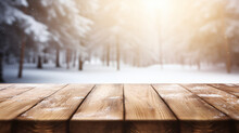 Empty Wooden Table Blurred Winter Background