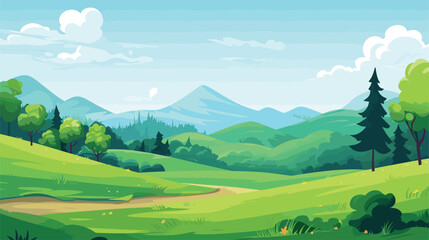  cartoon summer landscape with green hills trees. Vector illustration 