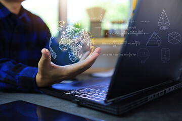 Wall Mural - math and physics equation concept with student hand holding globe with quotations function of geomet