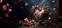 Valentines Day background. Dramatic still life scene with rich flowers