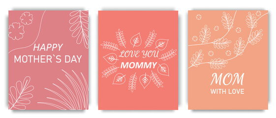 Set of cards for Mother's Day. Contemporary design with hand-drawn floral and leaf elements on a trendy peach background. Vector illustration.