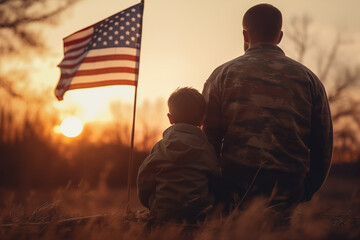 soldier and son in front of American flag