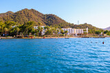 Fototapeta  - View of the tourist bay. Background with selective focus and copy space