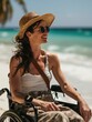 Smiling disabled woman in a wheelchair on white sand beach spending time in a sunny day