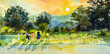 Football activities for young boys in lawn public park. Watercolor landscape original painting.