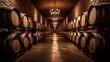 © Fly Frames - Wine cellar with a row of oak barrels
