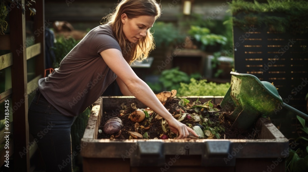 Woman composting food waste in backyard compost bin garden Stock Photo ...