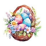 Fototapeta Storczyk - easter multicolored eggs with flowers in a basket watercolor on white background