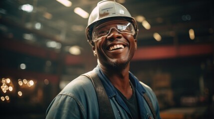 Industrial workers wear safety glasses at work, hard hat