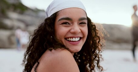 Wall Mural - Woman, face and relaxing on beach vacation, smiling and happy in outdoors or travel to ocean for fun. Female person, portrait and laughing for humor in Miami, peace and sand on holiday or getaway