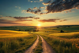 Fototapeta Na ścianę - Beautiful summer mountain rural landscape; Panorama of summer green field with dirt road and Sunset cloudy sky.