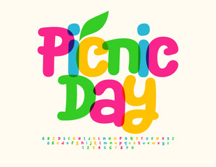 Wall Mural - Vector recreational flyer Picnic Day. Funny Colorful Font. Bright Playful Alphabet Letters and Numbers.