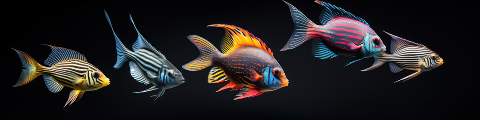 Wall Mural - Colorful tropical fish on a black background.