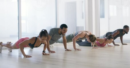 Sticker - Push ups, running or group of people in gym for fitness workout, body exercise or healthy wellness. Diversity, teamwork or sports athletes in club together for training, aerobics or cardio for energy