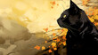 Wallpaper with a Black Cat in Japanese Style. Traditional Art of Japan.