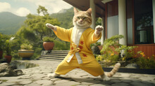 A Kung Fu Cat In A Fighter Costume, A Karate Cat In The Mountains.