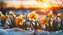 Daffodil Flowers In A Snowy Meadow At Sunset, Spring Background