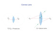 Convex lens. Principal axix and optical centre. Optics. Physics vector illustration.