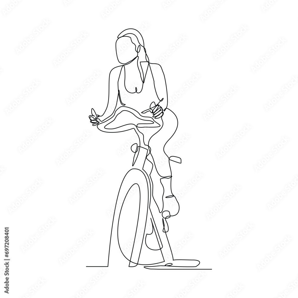 Continuous single line sketch drawing of athletic woman riding static ...