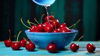 Wall Mural - Ripe wet sweet cherries are poured out of the blue bowl on wooden background. Generative AI