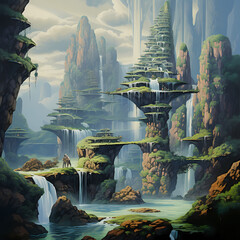 Poster - Surreal landscape with floating islands and a cascading waterfall.