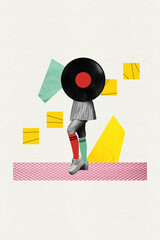 Sticker - Creative photo collage artwork of colorful red green socks girl in mini skirt vinyl disc instead head isolated on gray color background