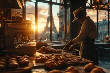 The Art Of Baking: In A French Boulangerie, An Artisan Baker Infuses Tradition And Expertise, Filling The Air With Aromas Of Freshly Baked Bread, Flaky Croissants, And Irresistible Pastries