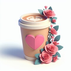 Wall Mural - Paper cup of coffee with pink heart, with pink roses, 3d illustration, render, in cute style, in cartoon style, high quality, on white background. Advertising coffee for Valentine’s Day.