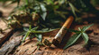 Kontrastreiches Motiv: Zigarette umringt von grünen Cannabisblättern