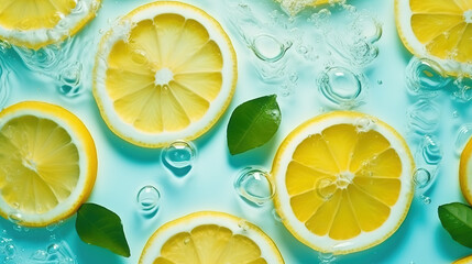 Lemon slices floating in water on blue background, top view	
