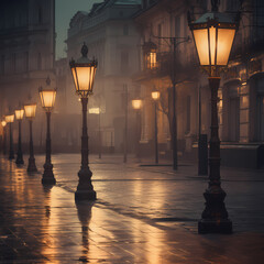 Wall Mural - Vintage street lamps casting soft light on a deserted street.