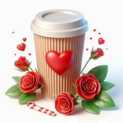 Wall Mural - Paper cup of coffee with red heart, with red roses, 3d illustration, render, in cute style, in cartoon style, high quality, on white background. Advertising coffee for Valentine’s Day.