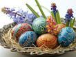 Festive Easter Display with Artistic Dyed Eggs and Hyacinths