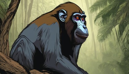 Sticker - A chimpanzee with red eyes sits on a tree branch