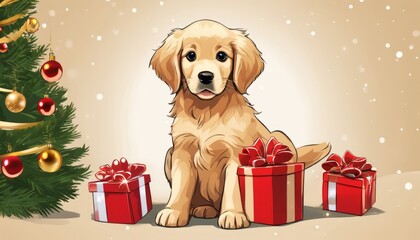 Poster - A golden retriever puppy sitting in front of a Christmas tree