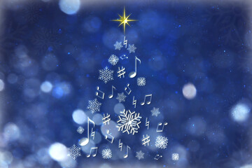 Wall Mural - Christmas tree made of music notes and snowflakes against blue background. Bokeh effect