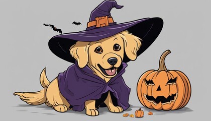 Poster - A dog in a witch's hat and cape next to a pumpkin