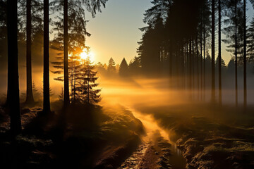 Wall Mural - Beautiful Sunset Sunrise Sun Sunshine In Sunny Spring Coniferous Forest. Sunlight Sunbeams Through Woods In Forest Landscape.