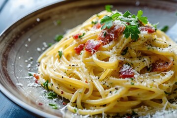 Italian Elegance Unveiled: Pasta Carbonara, an Ode to Culinary Artistry with its Creamy Symphony, Crispy Bacon Ballet, Perfectly Twirled Spaghetti, and the Soulful Essence of Roman Tradition.