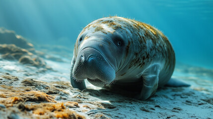 Closeup of a manatee diving at a reef in the blue ocean