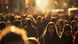 A huge crowd of people in the city rushes about their business during the day, selective focus