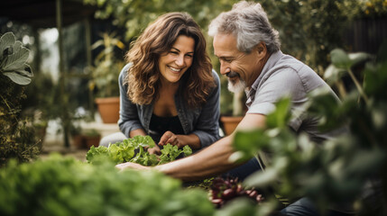 mature happy couple working in the garden together