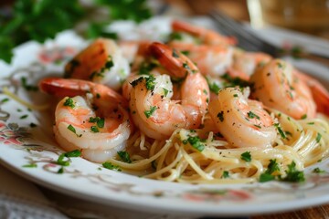 Wall Mural - Culinary Delight: Shrimp Scampi - A Classic Italian Dish Featuring Plump Shrimp Sautéed in Garlic Butter, Enhanced with Zesty Lemon and Fresh Herbs