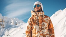 Man Wearing Oversized Jacket And Brown And Orange Duck Camouflage Snowboarding On Snowy Mountain.