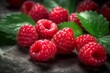 Red raspberries fruits with green leaves closeup. Summer fruitage berries harvest nutrition. Generate ai
