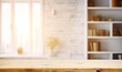 © Bussakon - Empty wooden table takes center stage serving versatile surface for various purposes. Design features neutral color palette with white wall and ample natural light streaming in from nearby window