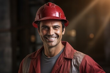 Wall Mural - Generative AI image of smiling construction worker with hard hat