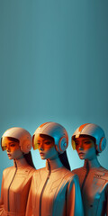 Three women in a futuristic orange outfit on a blue background.