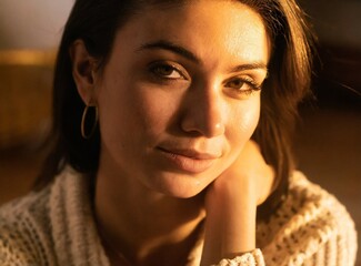 Canvas Print - Brunette Latin beauty smiling model at home, face closeup. Enjoy winter at cozy home.